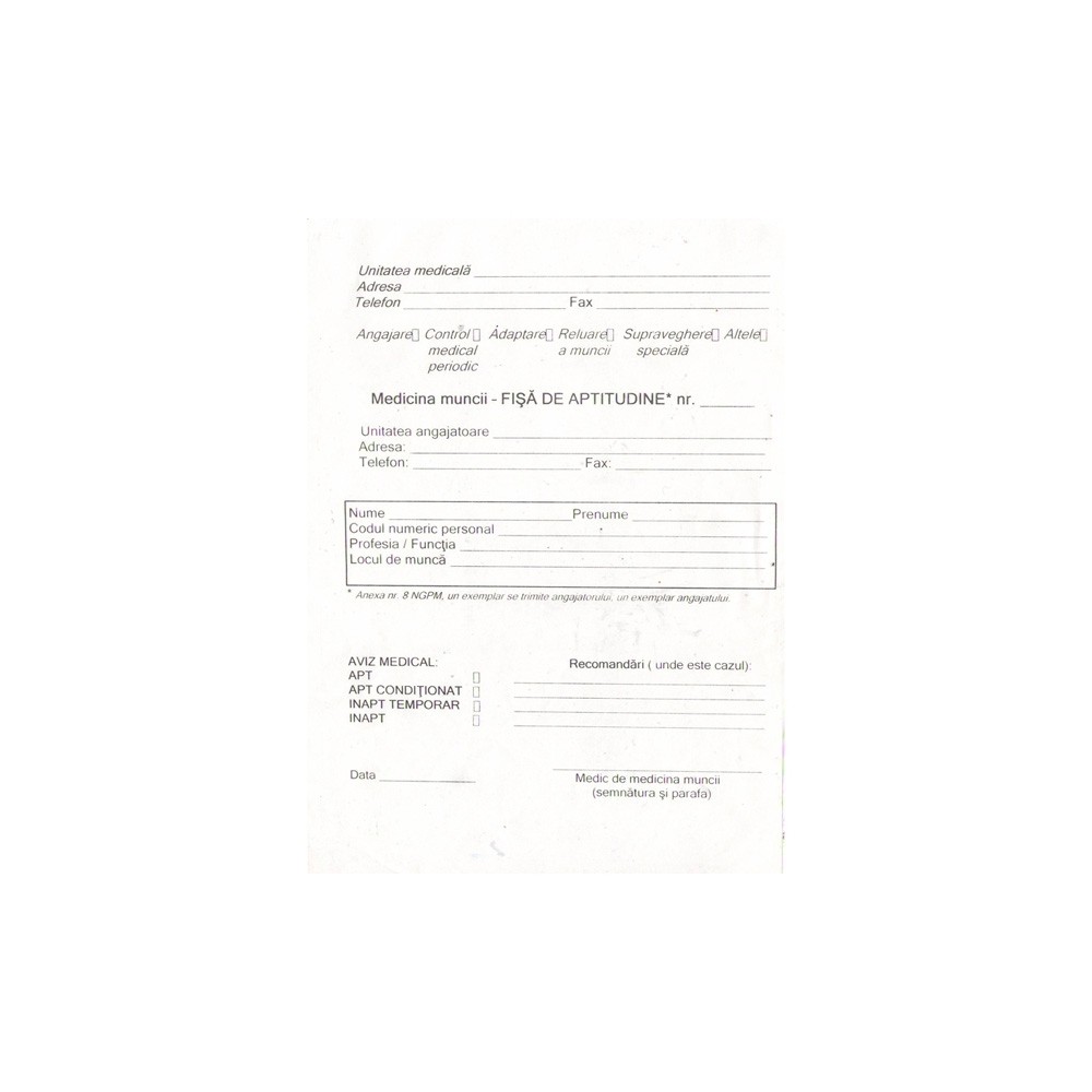 Fisa de aptitudini A5, 2 exemplare, 50/bloc 14110073 15.12605