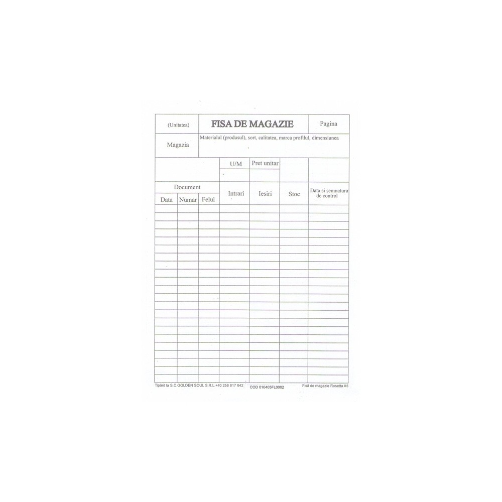Fisa de magazie A5, carton velin, 100/bloc 1409ZZ173 37.815126
