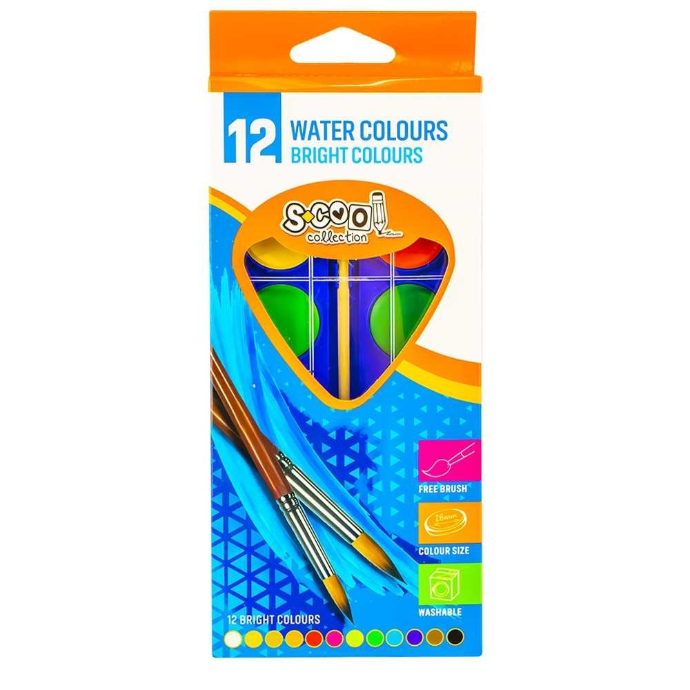 Acuarele, 12 culori, 28 mm , pensula, cutie carton - S-COOL SC012 10.504202
