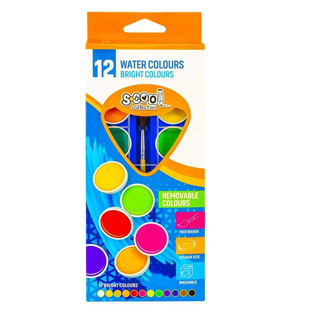 Acuarele, 12 culori, 30 mm , pensula, premium - S-COOL SC228 0