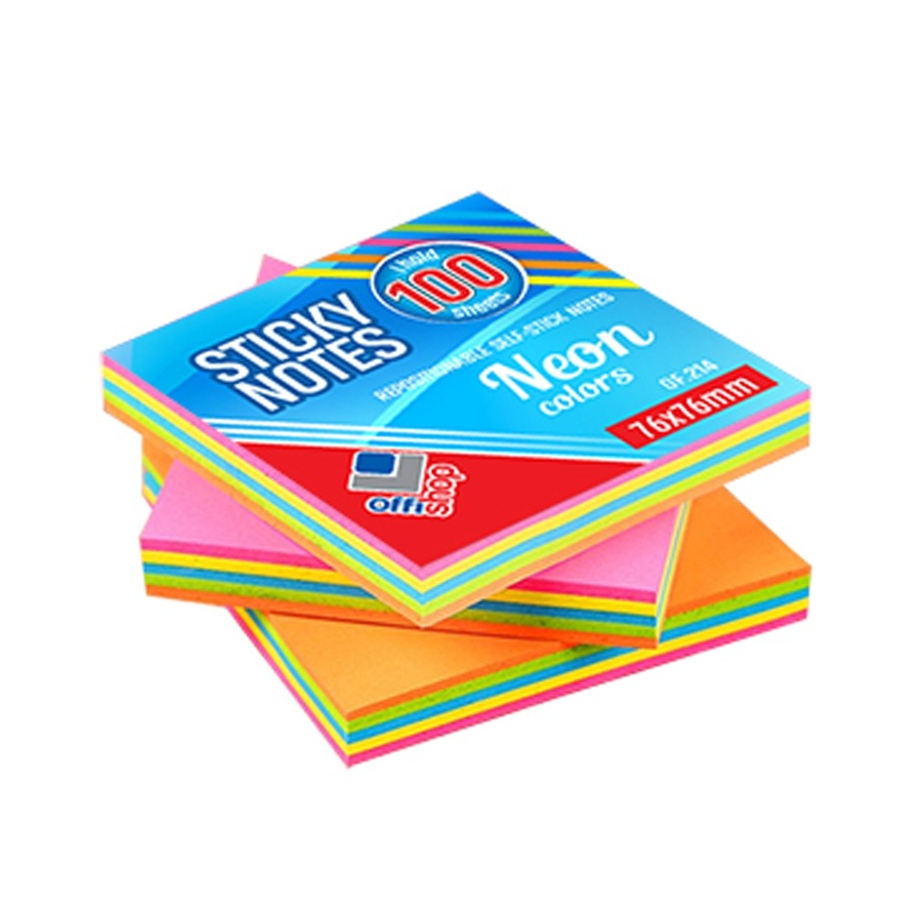 Notes adeziv neon, 75x75mm, multicolor, 100 coli - OFFISHOP OF214 2.521008