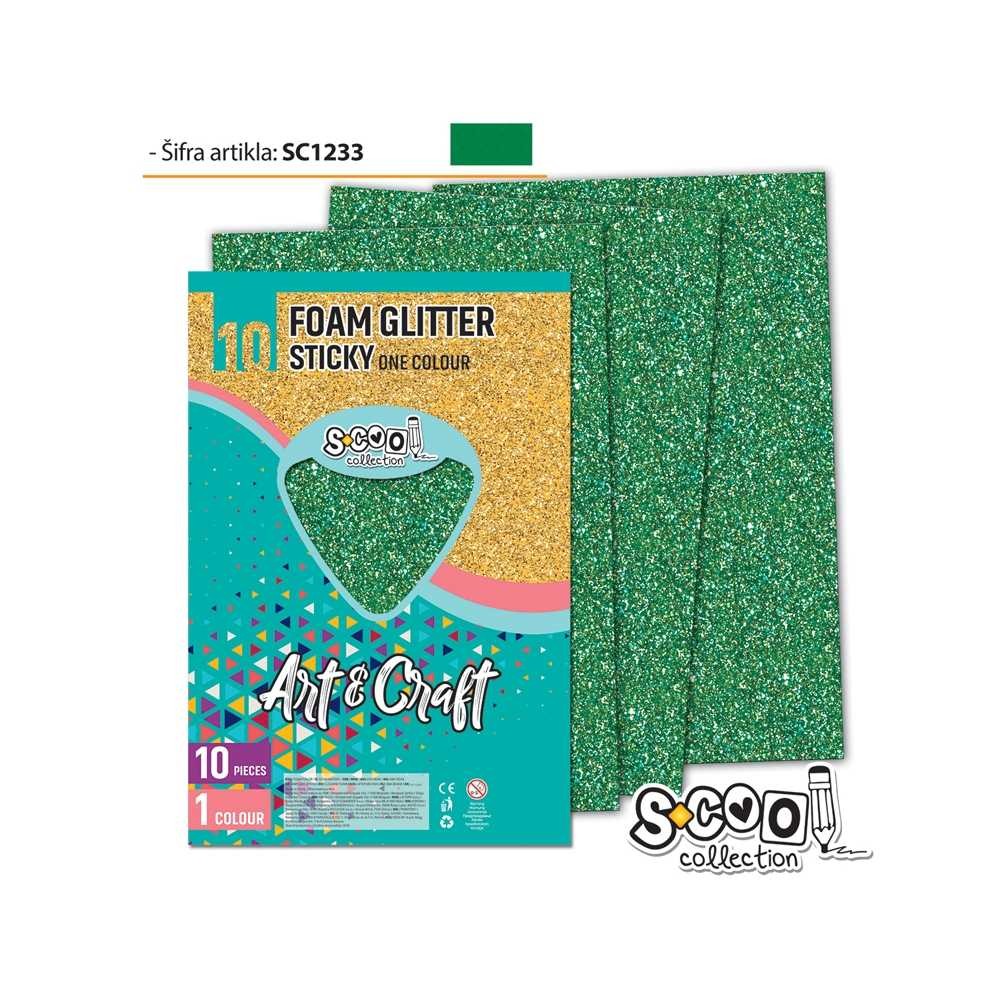 Hartie buretata, adeziva, glitter, verde, 10 buc/set, 20x30 cm - S-COOL SC1233 17.647059