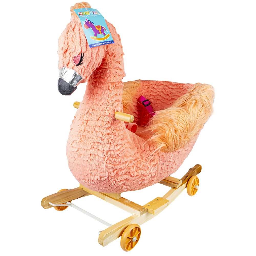 Balansoar pentru bebelusi, Flamingo, lemn + plus, cu rotile, roz, 66 cm RB-F 260.504202